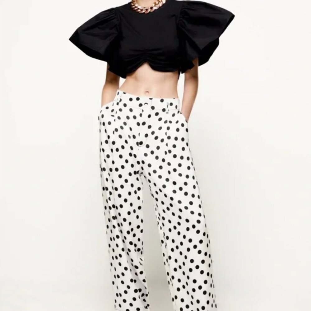 Zara Black and White Polka Dot Wide Leg Pants